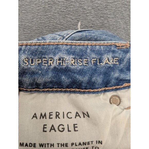 American Eagle Jeans Womens 8 Long Blue Super Hi Rise Flare Distressed Boho - Picture 13 of 15